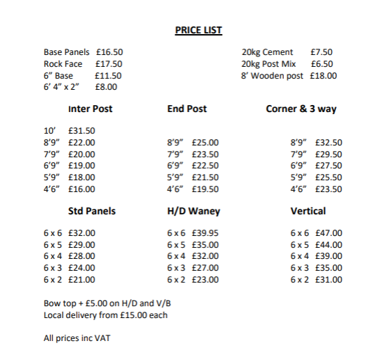Pendlebury Fencing Price List