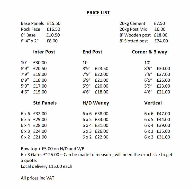 pricelist pendlebury fencing